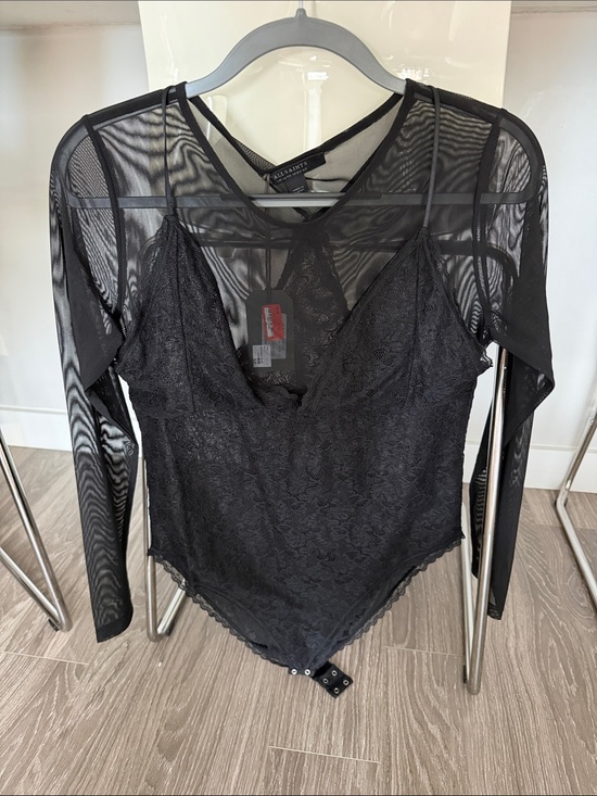 All Saints Tops - All Saints Sheer Lace Long-Sleeve Bodysuit - Black